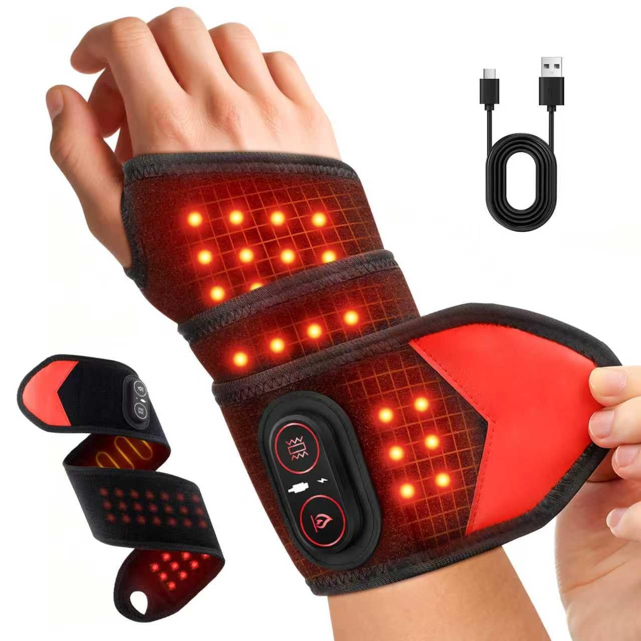 Wrist Wraps - ポータブル赤色光療法ラップ 660nm 850nm LED光療法リストブレース、加熱と振動マッサージ機能付き、充電式コードレス、手首・首・膝・足首のスポーツリカバリー、リラクゼーション、オフィスでの使用に最適、温熱療法パッド、柔軟で調整可能なデザイン