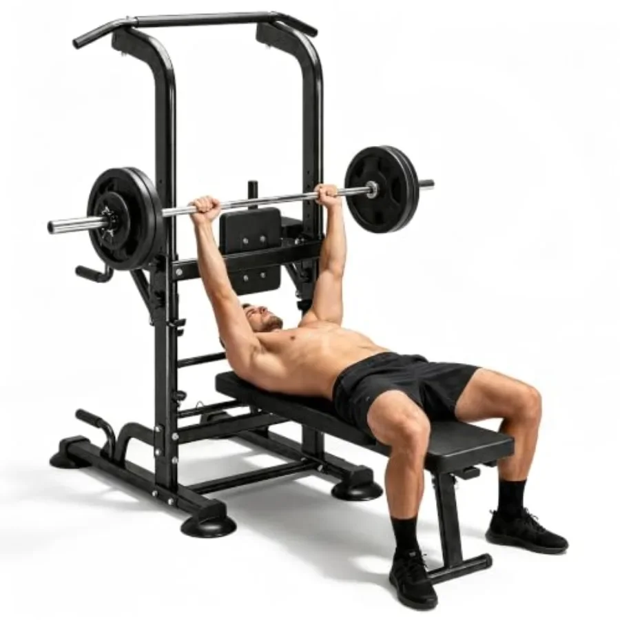Pull Up Bar - 家庭用ジムに最適な、折りたたみ式ダンベルベンチ付きのパワータワー・プルアップバー。スチール製で、ブラック仕上げ。省スペース設計。