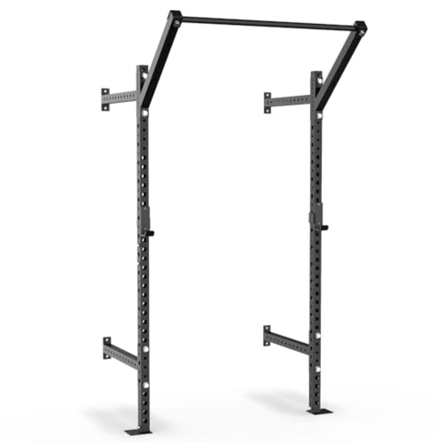 Pull Up Bar - 家庭用ジム向け壁掛けスクワットラック、スチール製、黒仕上げ、耐荷重750ポンド、Jカップと調整可能な懸垂バー付き