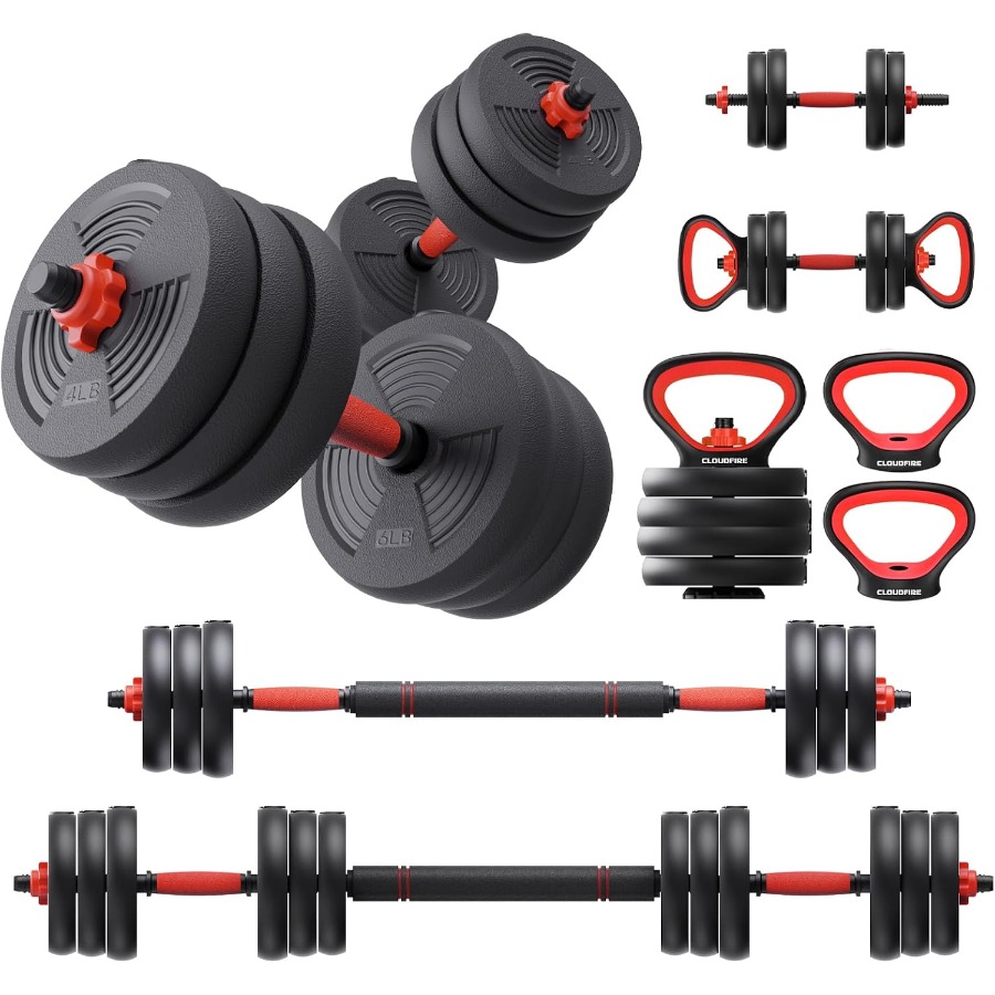 Kettlebell - 調整可能なダンベルセット。60ポンドのフリーウェイトセットで、コネクターが付属。ケトルベル、バーベル、プッシュアップスタンドとして使用できる5-in-1ダンベルセット。